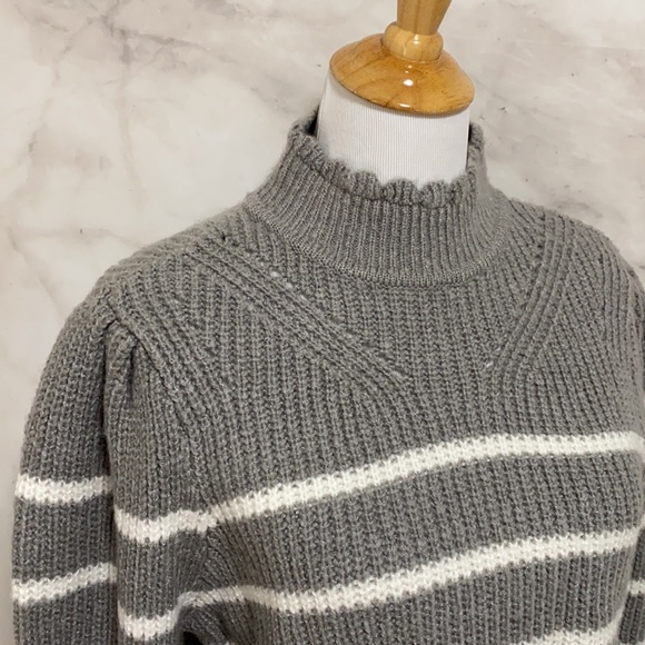 Femme By Design Scallop Mock Neck Striped Grey and White Sweater - Picture 3 of 11